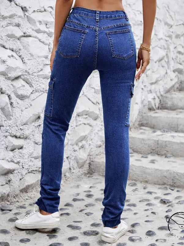 Langry fashion blue denim cargo jeans with stretch slimming tight narrow bottom trouser legs