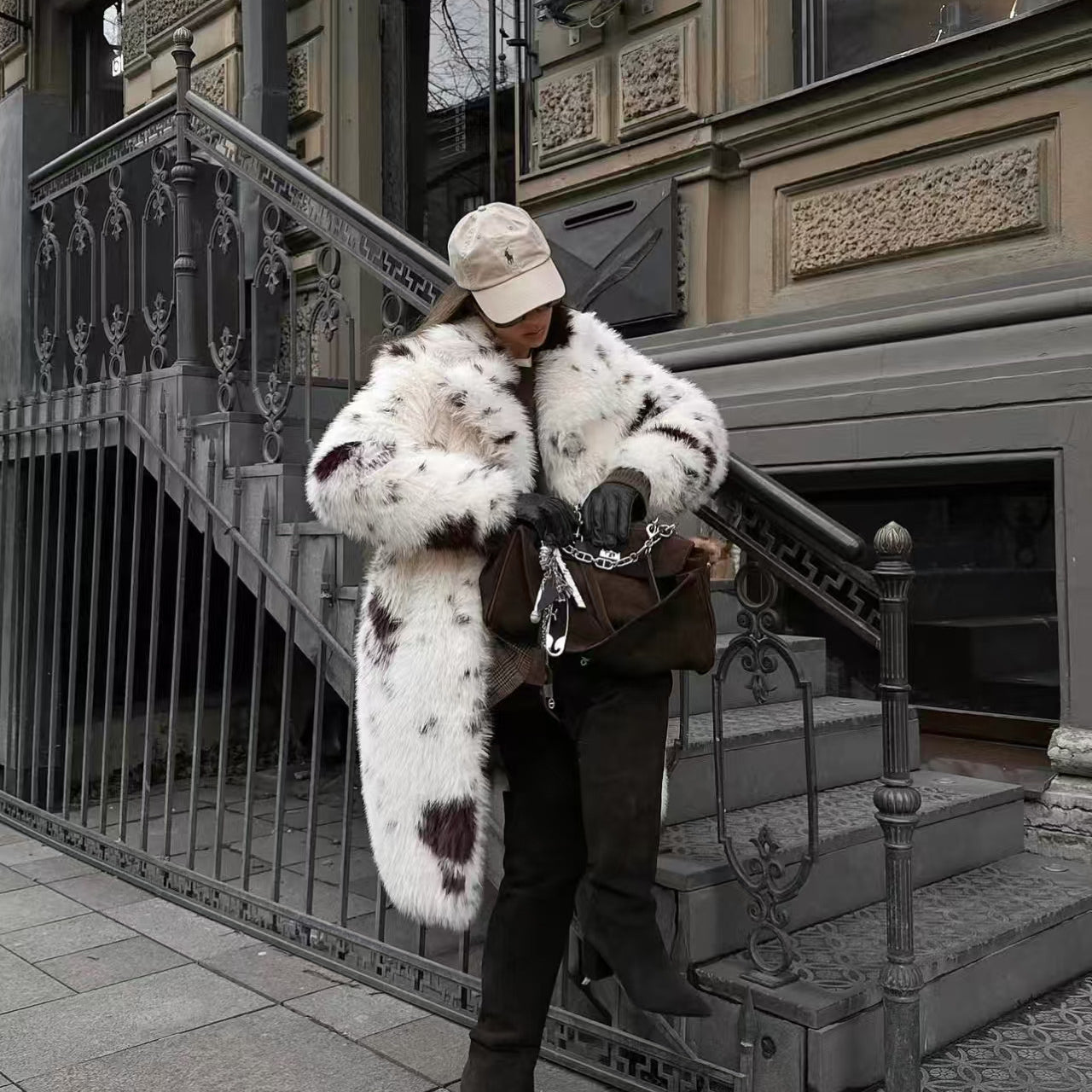 Cozy faux fur long coat in white black speckled fur fashion