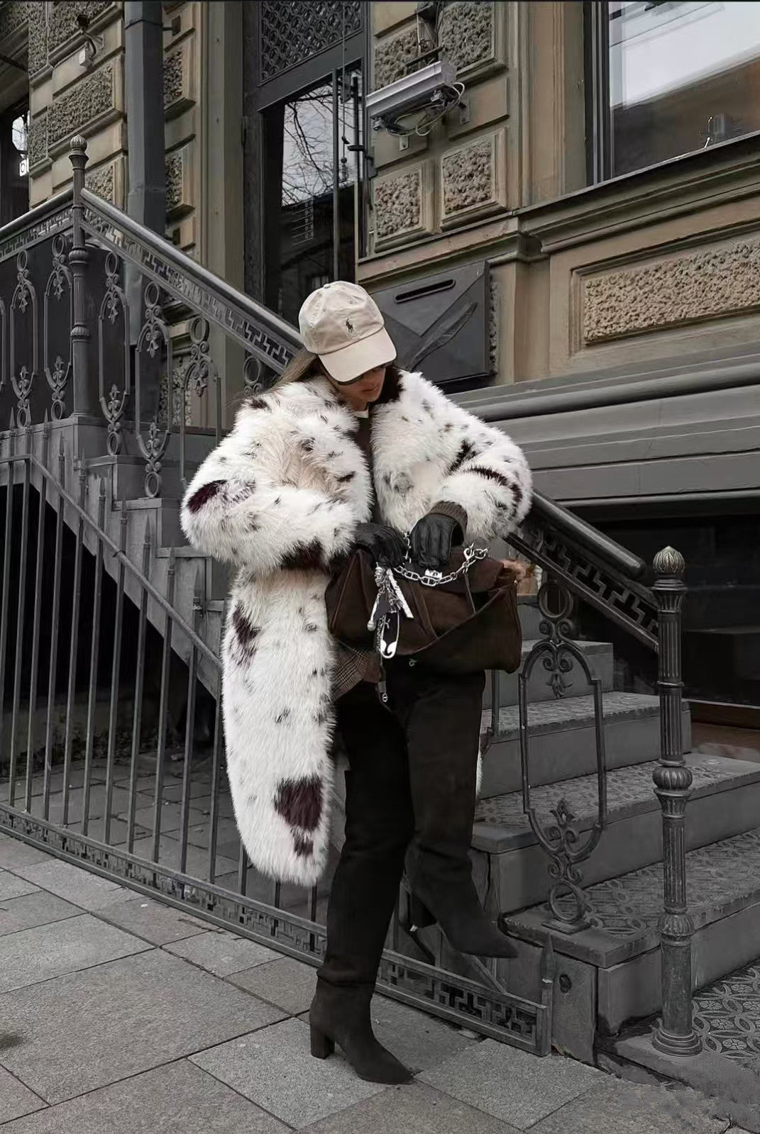 Cozy faux fur long coat in white black speckled fur fashion