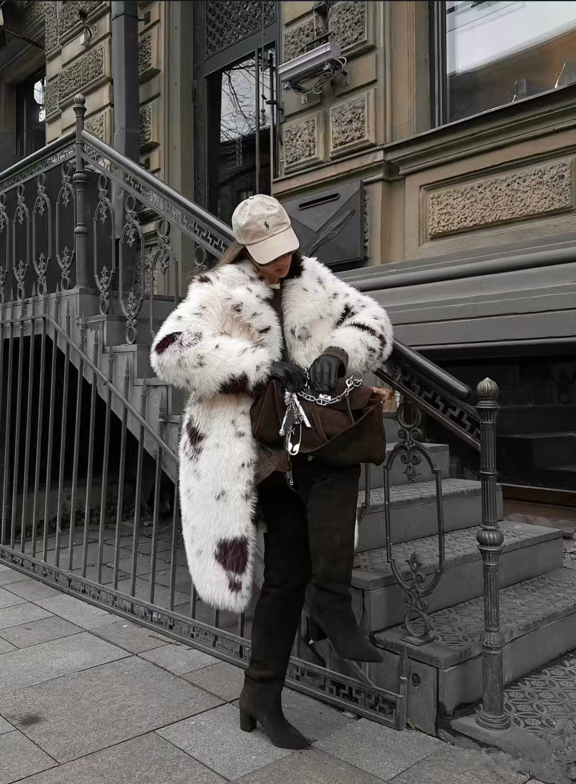 Cozy faux fur long coat in white black speckled fur fashion