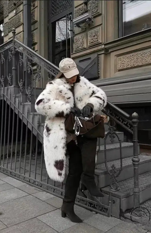 Cozy faux fur long coat in white black speckled design