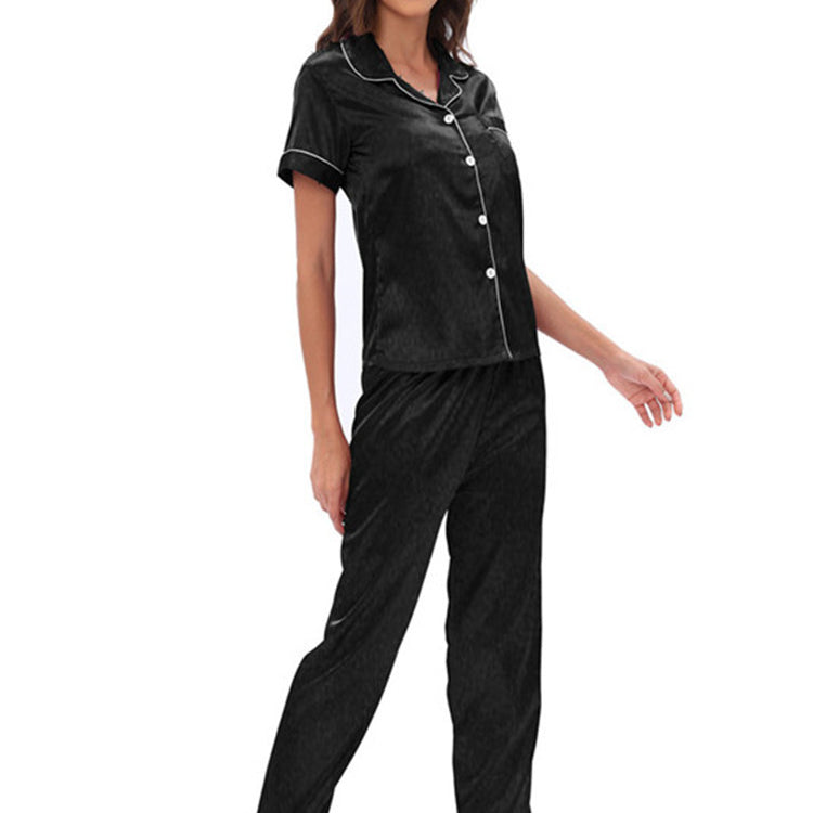 Langry black satin pajama set with white piping, button front