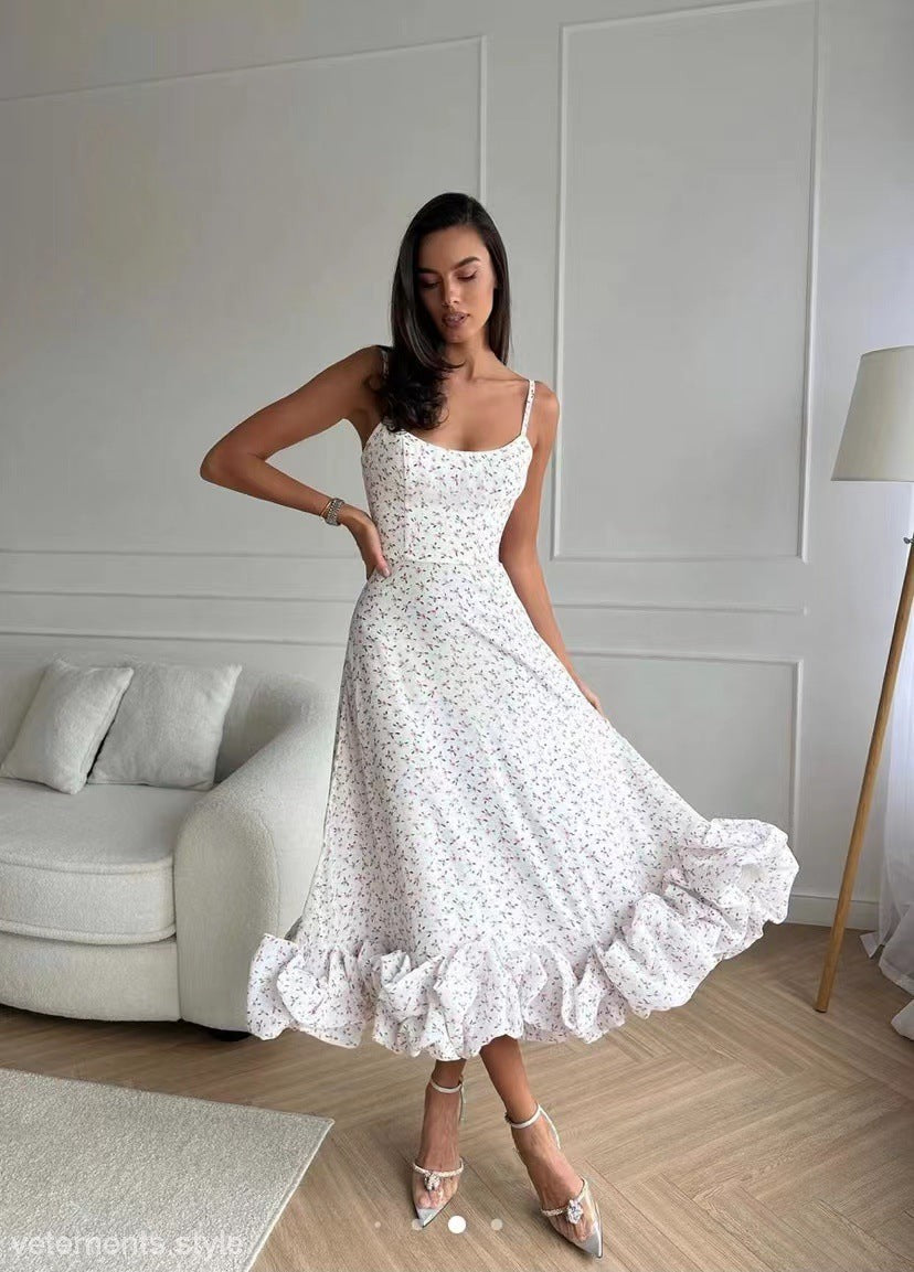 White three dimensional floral print on an elegant three dimensional floral A line dress