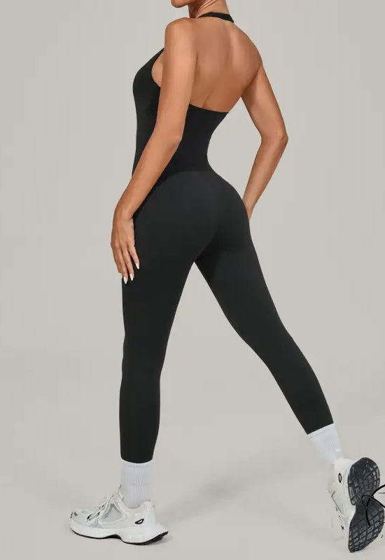 Langry black halter yoga jumpsuit, form-fitting backless athletic fashion wear