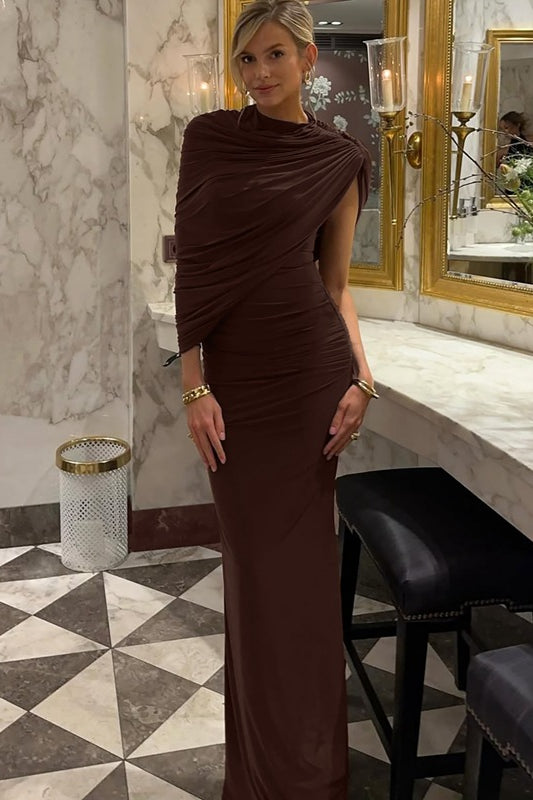 Enchanting design skinny sheath pleated dress in brown draped jersey with high neckline and long sleeves