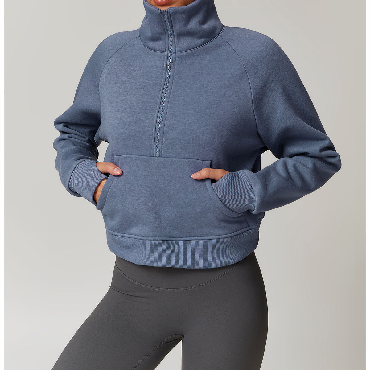 Blue half-zip cropped sweatshirt with front pocket from Langry Winter Fleece fashion ملابس