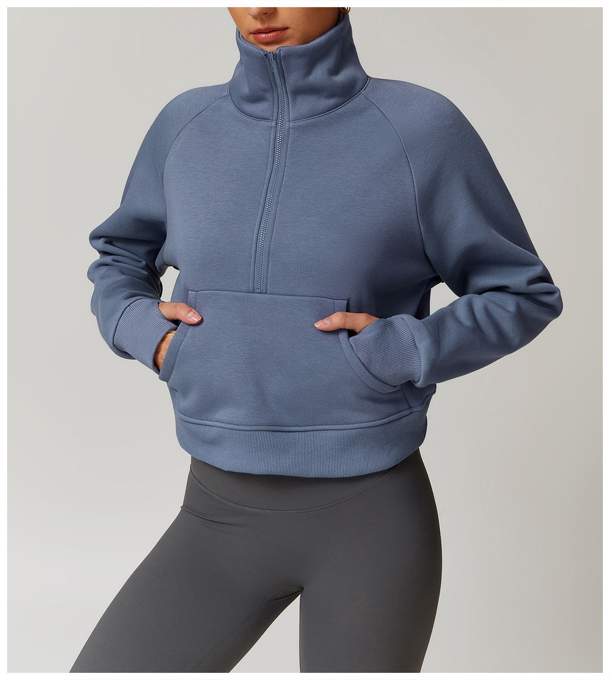 Blue half-zip cropped sweatshirt with front pocket from Langry Winter Fleece fashion ملابس