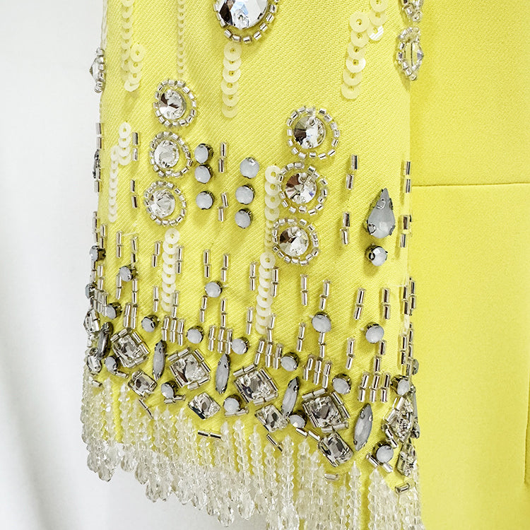 Embellished yellow dress sleeve of the Diamond Embedded Mid Length Dress in fashion ملابس