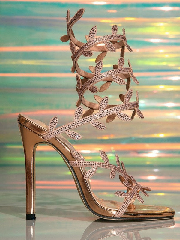 Langry fashion rose gold glitter high heel sandal with leaf design