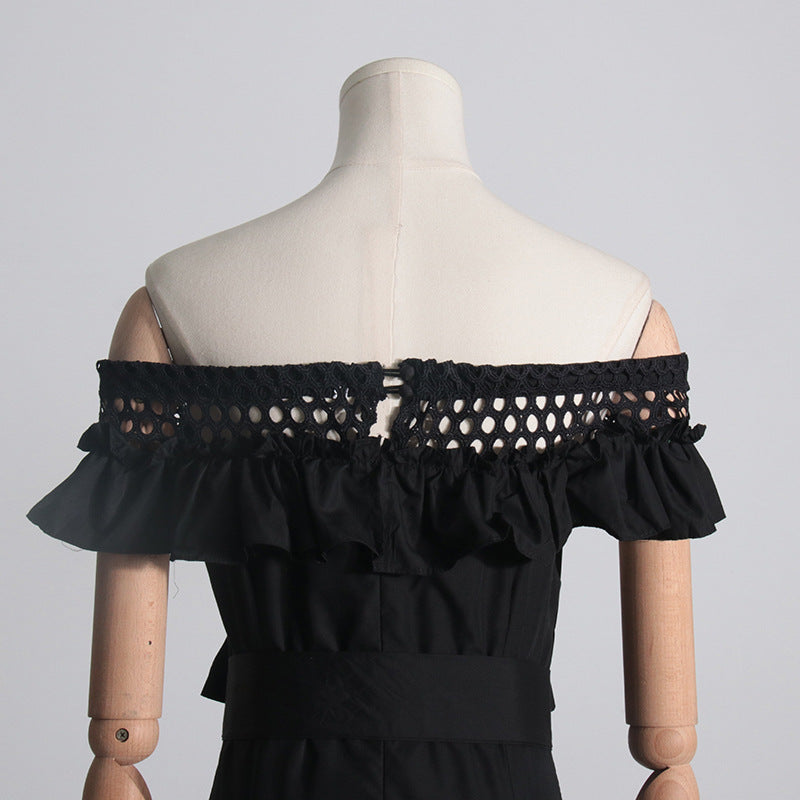 Black off-the-shoulder lace fairy dress with ruffles for elegant fashion and ملابس occasions