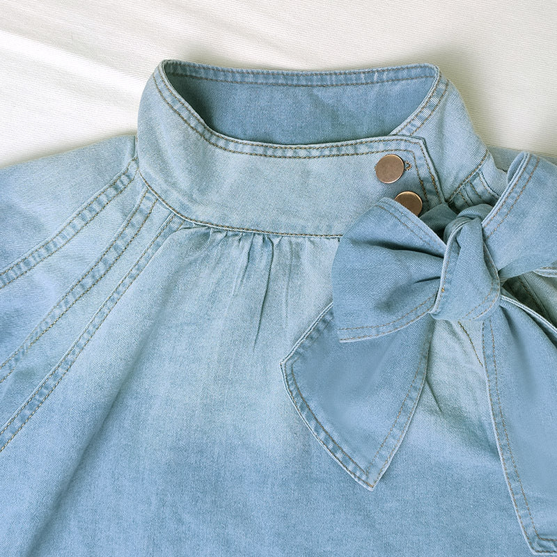Light blue denim blouse with bow for stylish langry fashion and ملابس enthusiasts