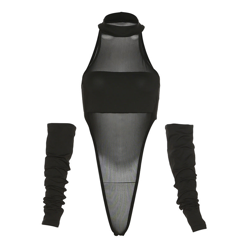 Round Neck See-through Mesh one Piece Slim Fit Patchwork Opera Glove t Shirt