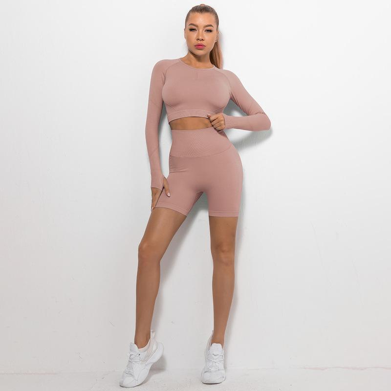 Seamless Pleated Peach Hip Long Sleeve Yoga Suit