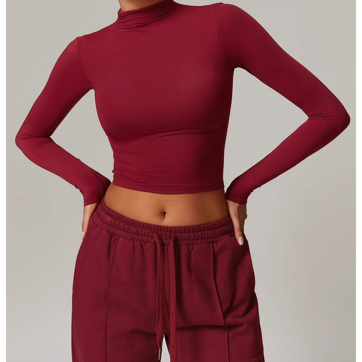 Burgundy long sleeve crop top with mock neckline in Quick Drying Fitness Sports Outerwear