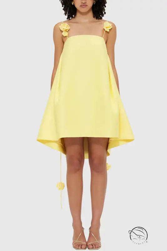 Yellow high-low casual loose vacation dress with floral straps