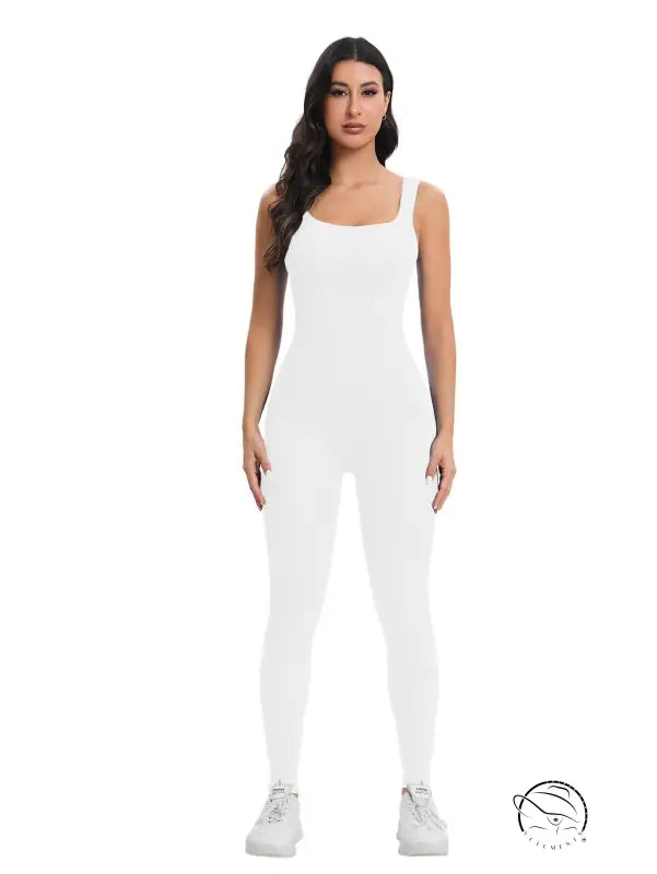 Breathable langry seamless knitted peach hip slim fit white sleeveless jumpsuit with square neckline and form-fitting design in fashion ملابس