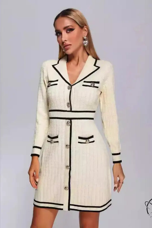 Elegant cream knitted classic dress with black trim