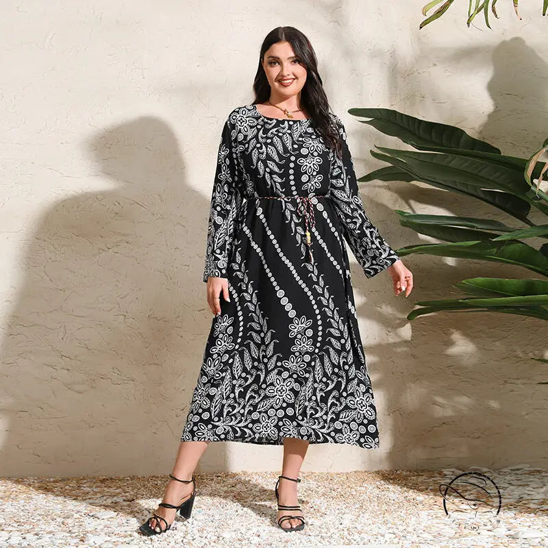 Ethnic Loose Maxi Dress Cashew Printed Long Sleeve