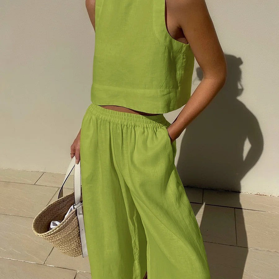 Lime green linen two-piece outfit from Langry showcasing casual fashion ملابس