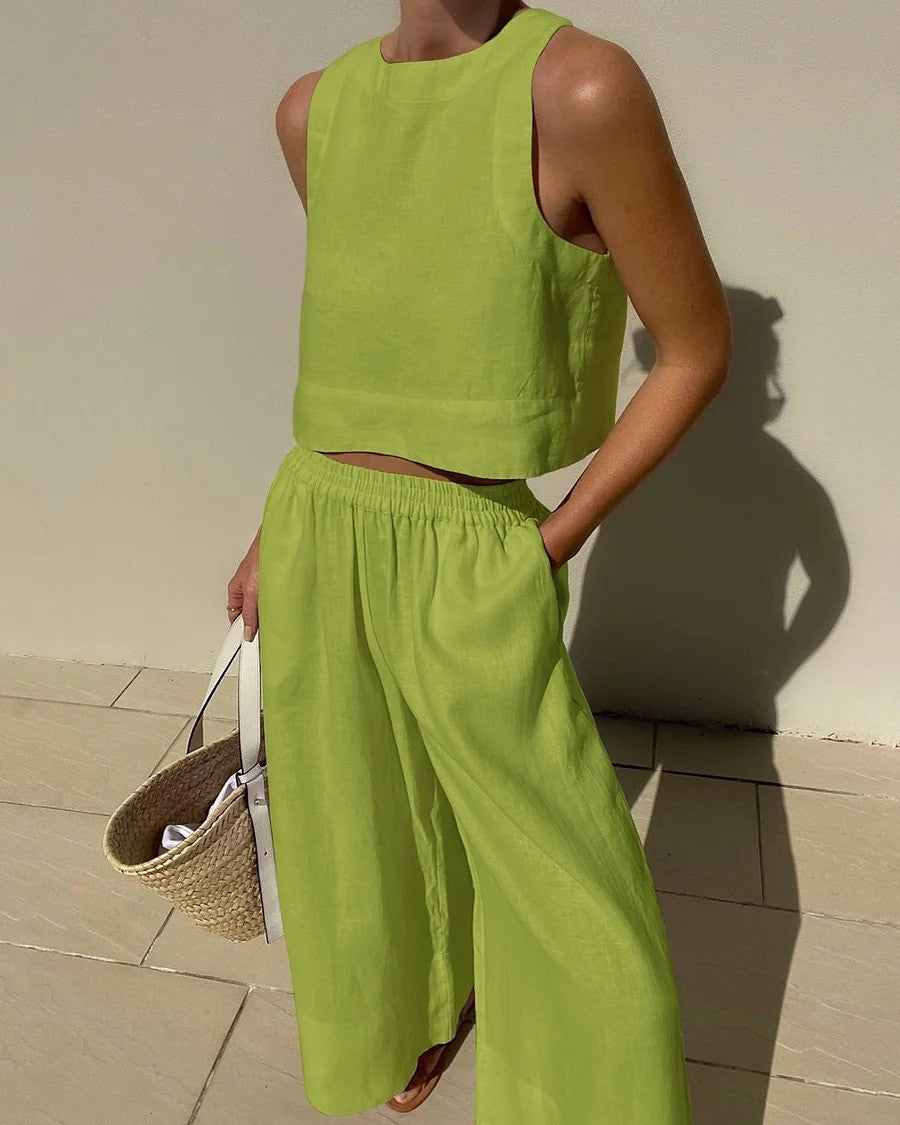 Lime green linen two-piece outfit from Langry showcasing casual fashion ملابس