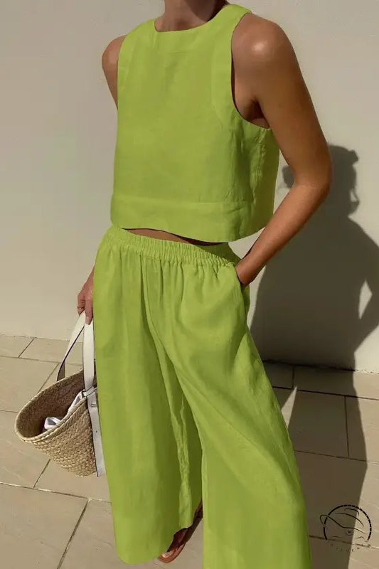 Lime green linen casual loose sleeveless shirt two piece set