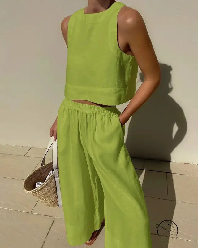 Lime green linen casual loose sleeveless shirt two piece set