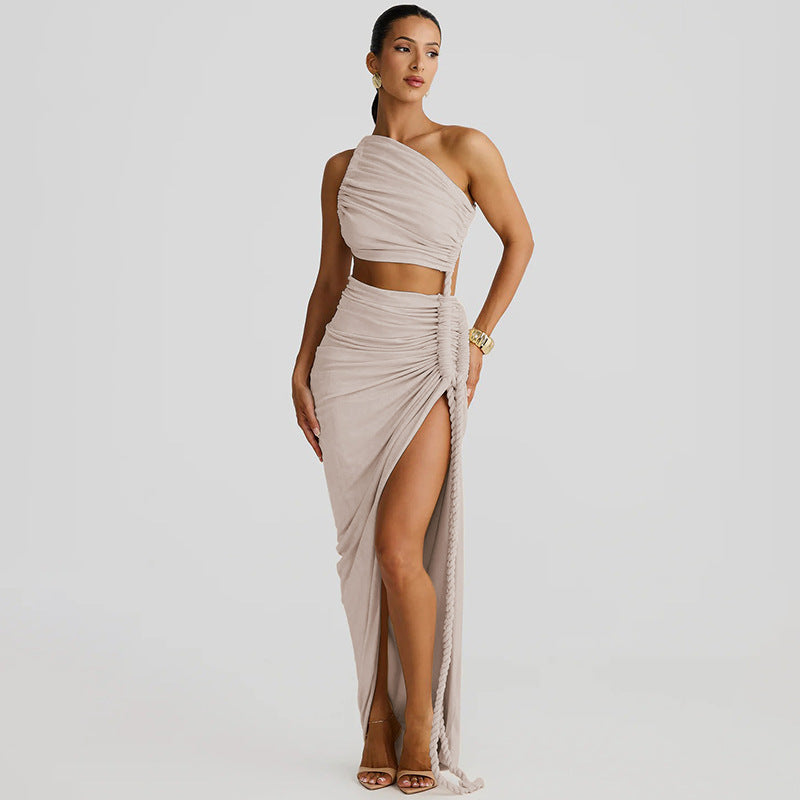 Beige one-shoulder crop top and high-slit skirt set for stylish fashion and ملابس