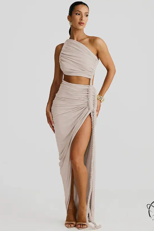 Stunning cutout lace pleated dress in beige one-shoulder crop top style