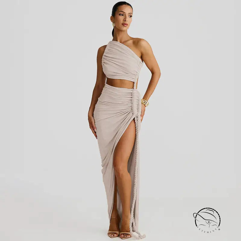 Stunning cutout lace pleated dress in beige one-shoulder crop top style