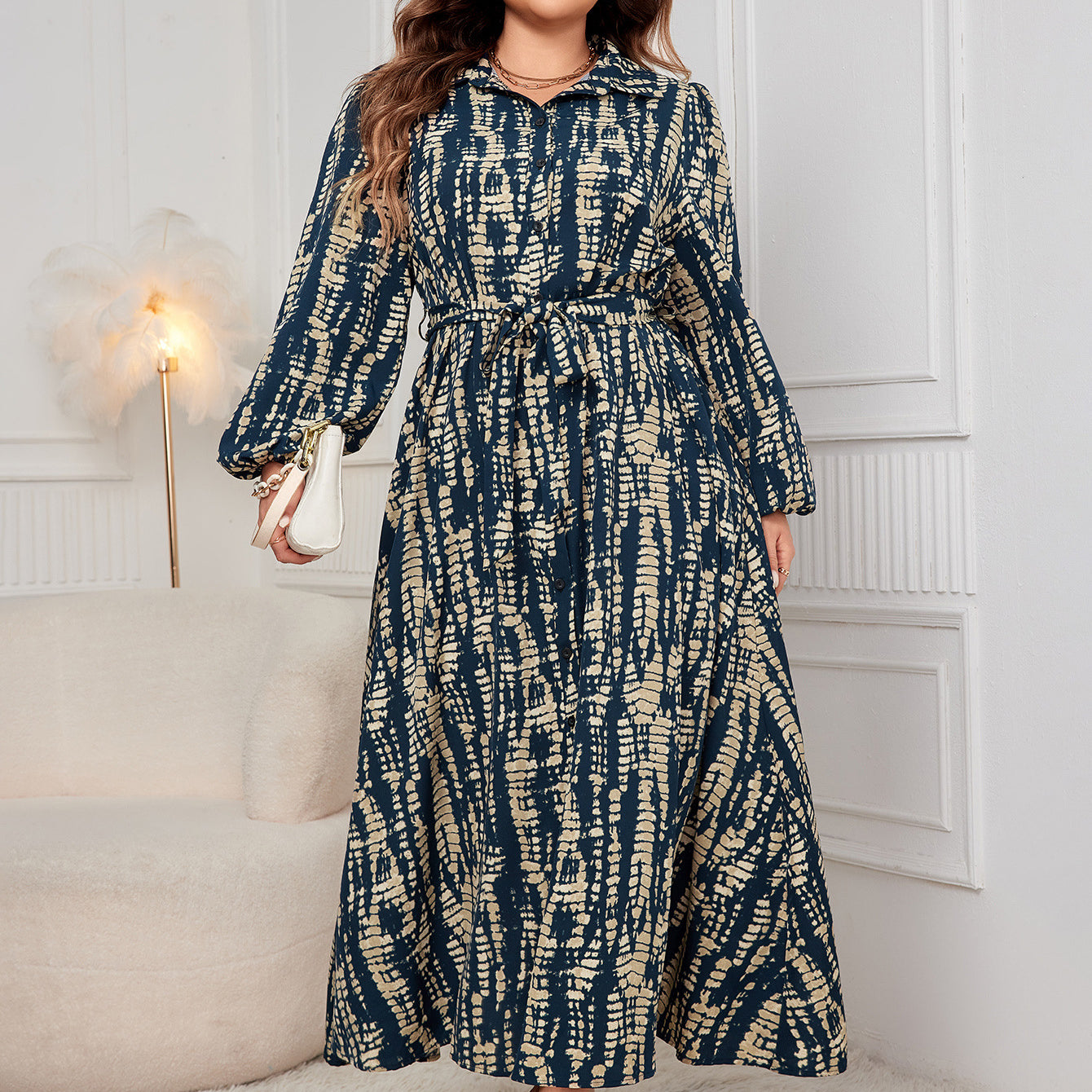 Plus size long sleeve tie-dye maxi dress in fashionable style for confident elegance
