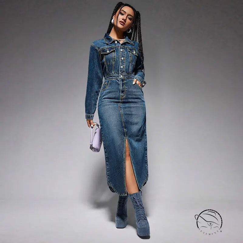 Woman modeling split denim maxi dress with boots and purple handbag