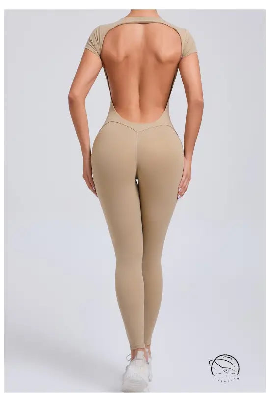 Beige langry fashion yoga bodysuit with cut-out back and short sleeves