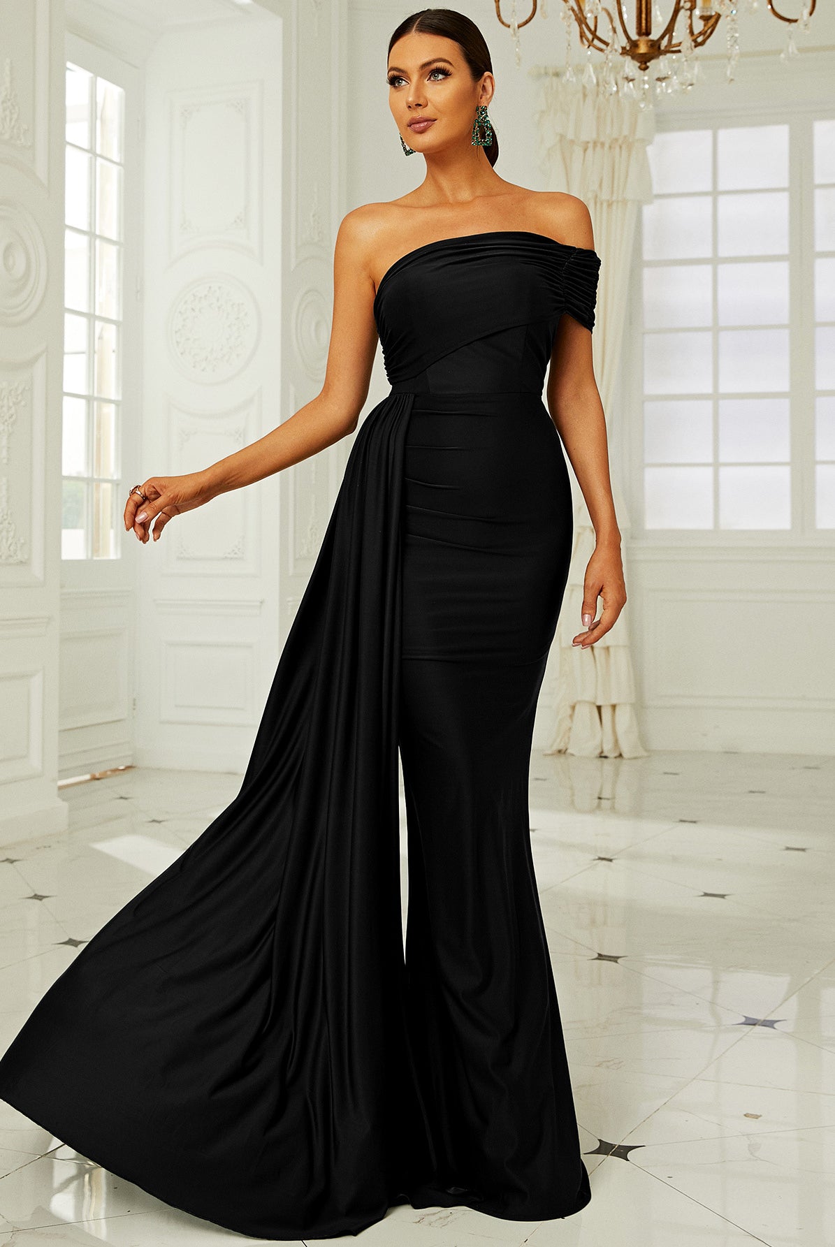 Elegant black off-shoulder jumpsuit with wide-leg pants for captivating evening fashion