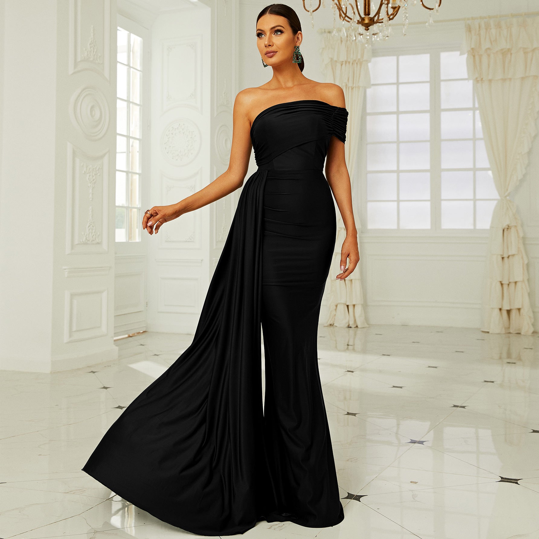 Elegant black off-shoulder jumpsuit with wide-leg pants for captivating evening fashion