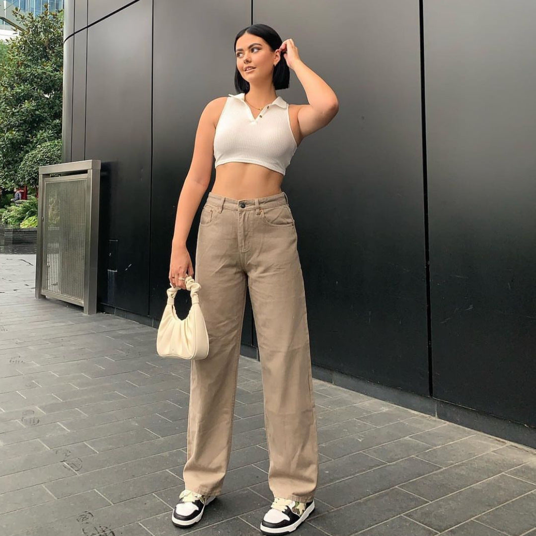 Woman in casual Langry fashion wearing Retro Light Khaki High Waist Trousers