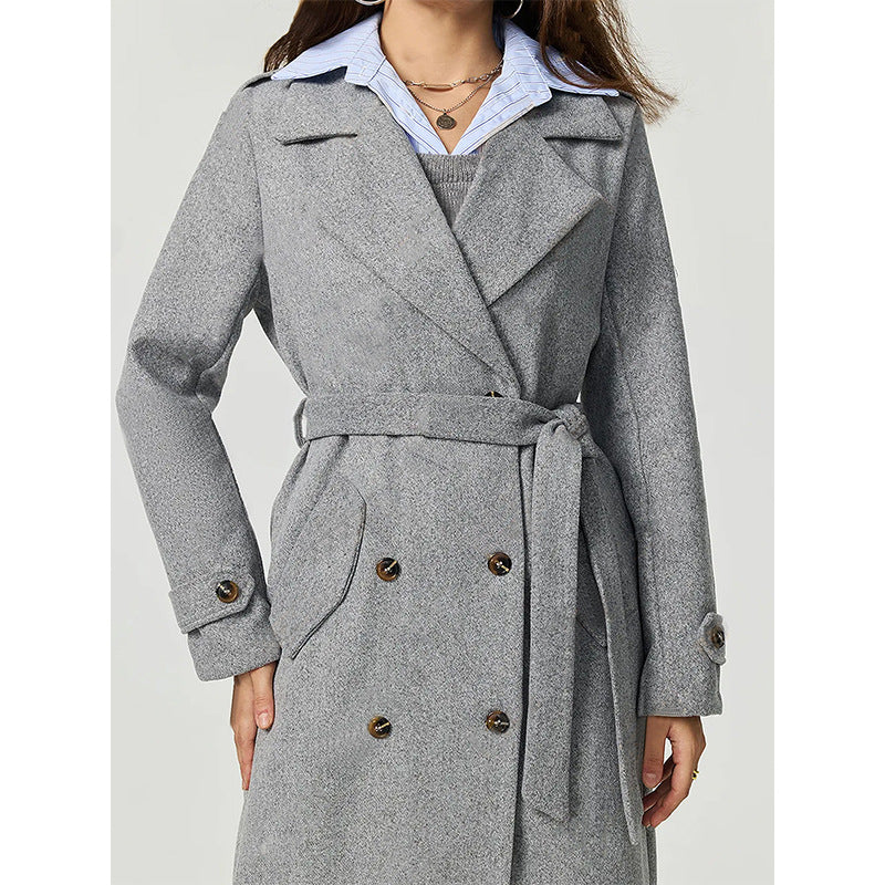 Langry gray wool double-breasted trench coat with belt and buttons for fashion ملابس