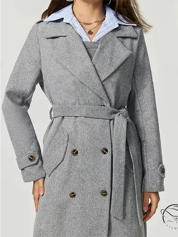 Gray wool double-breasted langry fashion trench coat with belt