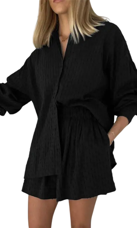 Navy blue French jacquard pajamas set with black textured cotton blouse