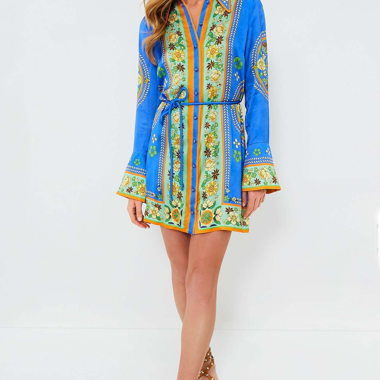 Collared Tied Waist Positioning Print Holiday Long Sleeve Dress Women