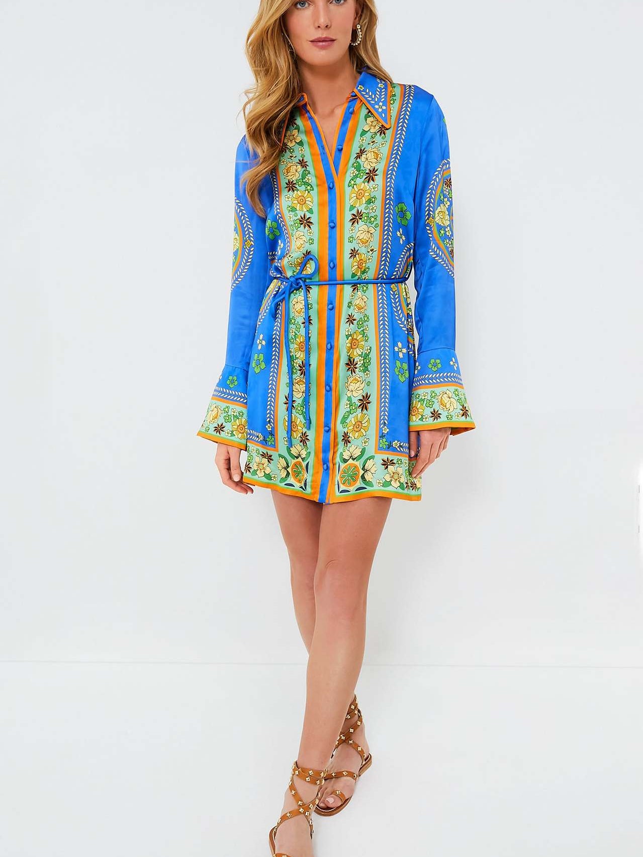 Collared Tied Waist Positioning Print Holiday Long Sleeve Dress Women