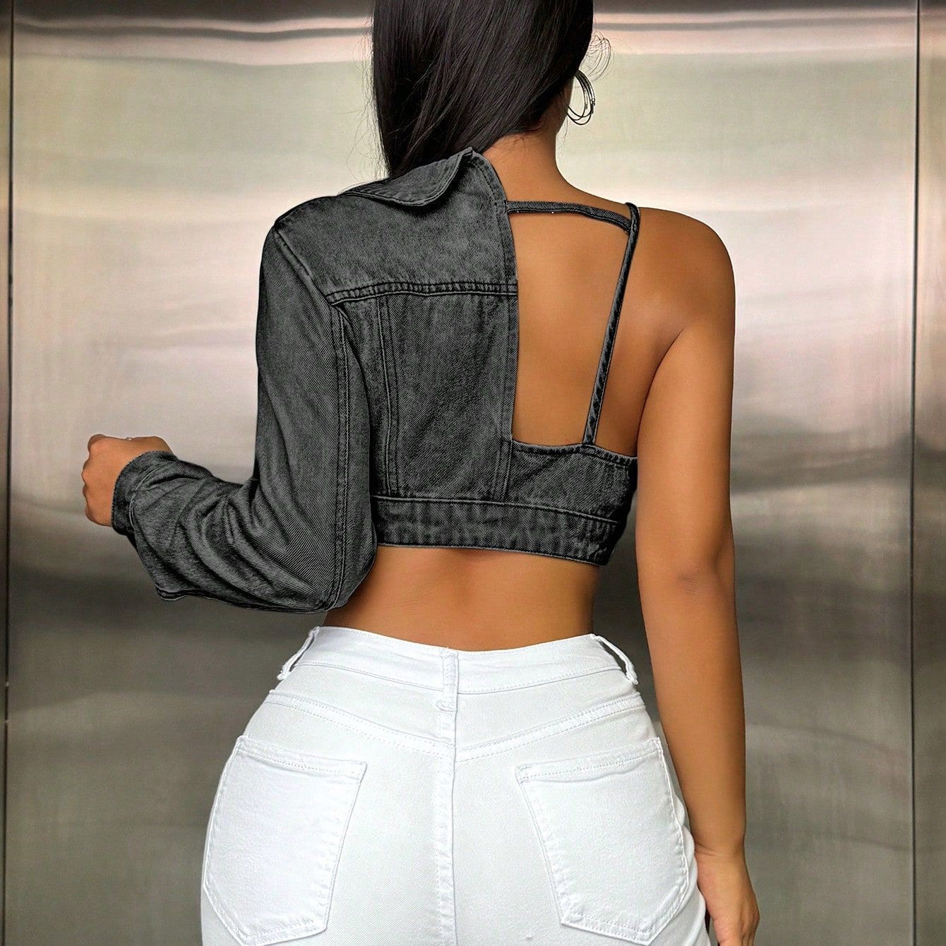 Popular Strap Matching Long Sleeve Denim Top