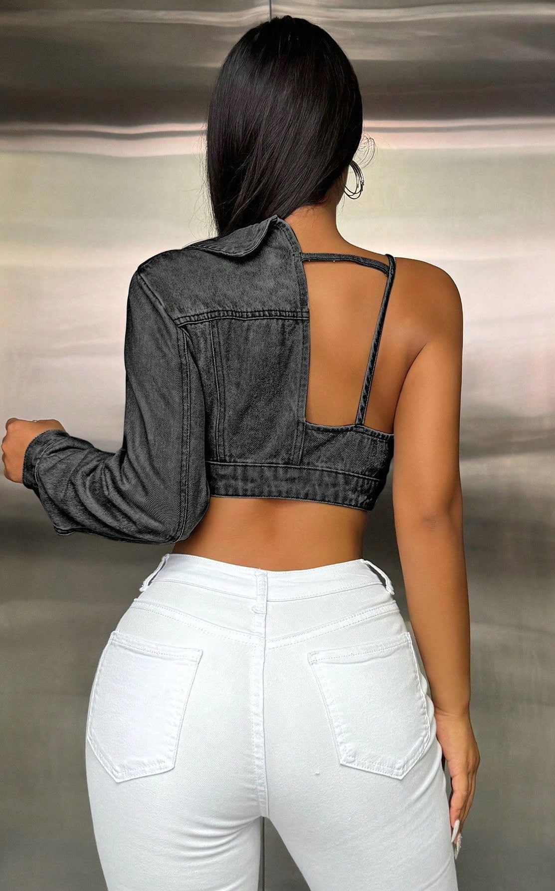 Popular Strap Matching Long Sleeve Denim Top