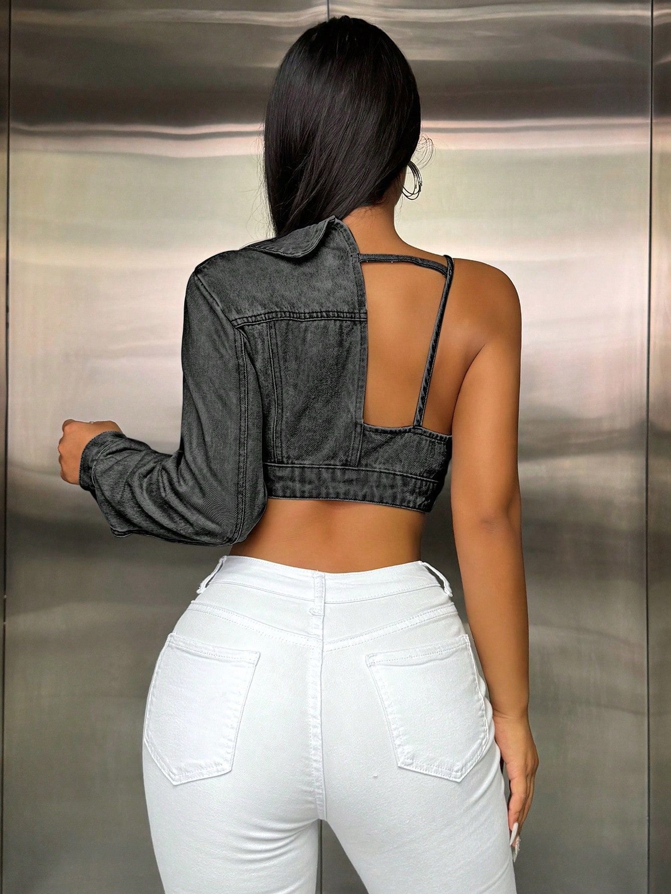 Popular Strap Matching Long Sleeve Denim Top