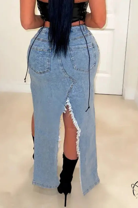Stunning hip stretch denim long skirt with distressed back slit