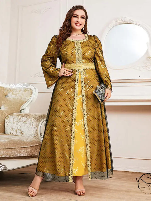 Elegant long sleeve A-line dress in gold Moroccan style with lace trim