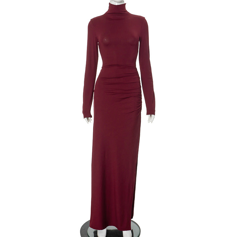 Burgundy turtleneck maxi dress showcasing elegance and style in modern fashion