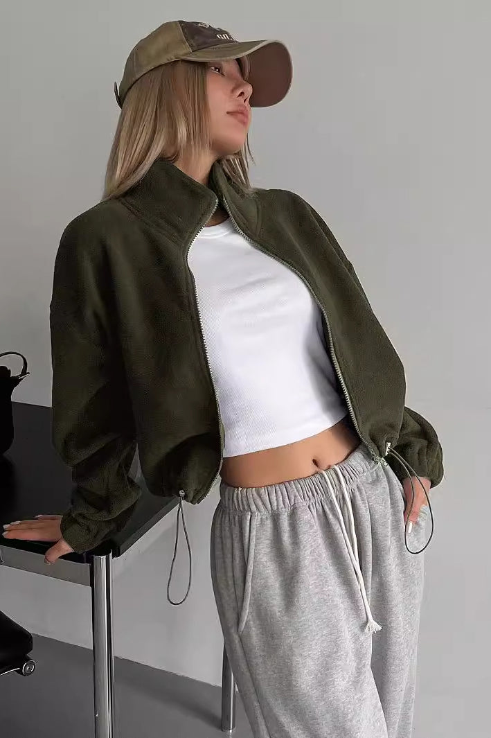Langry olive green zip-up fleece bomber jacket, cozy fashion coat
