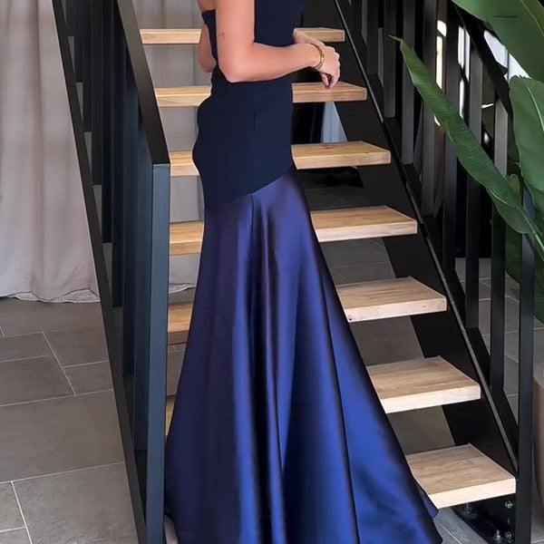 Elegant strapless navy gown from Beautiful Satin Dress, perfect for luxury fashion ملابس