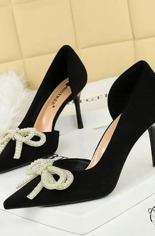 Cute Rhinestone Pearl Bow High Heels