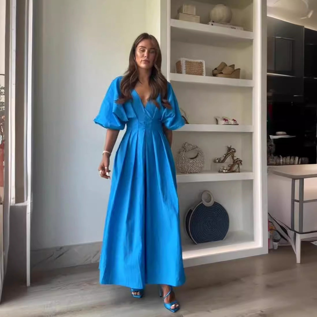 Elegant blue satin V-neck pleated dress with puffed sleeves, langry fashion ملابس